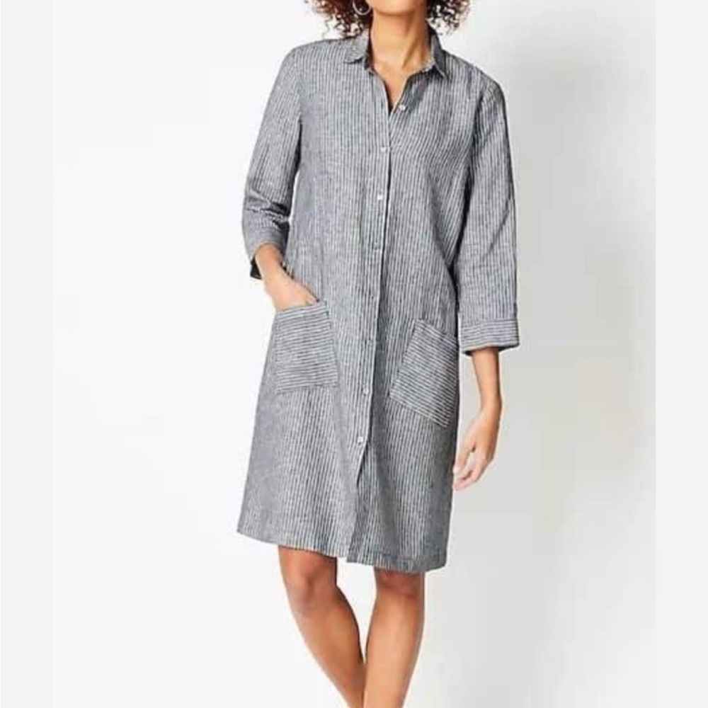 Striped Button-Front Shirt Dress in Grey